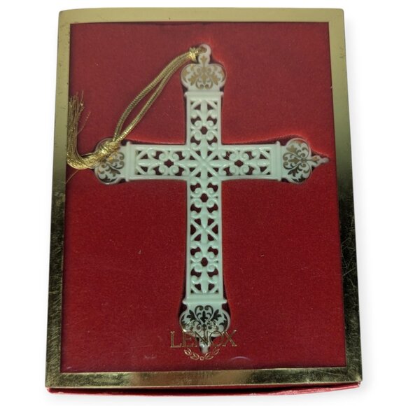 LENOX Pierced Gold Cross Porcelain Christmas Ornament/Wall Hanging 5" Tall w/Box - Picture 1 of 9